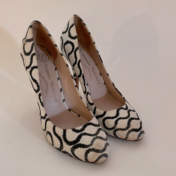 Vivienne Westwood ICONIC PUMP SQUIGGLE DARK BLUE ON WHITE USED - Picture 11 of 12